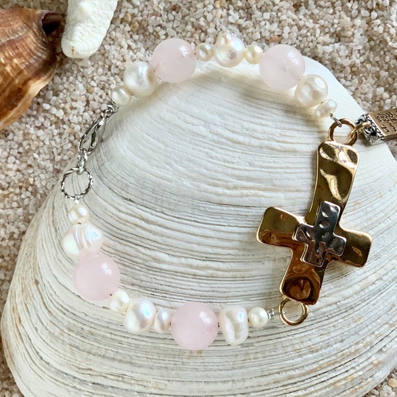 Christian Pearl & Gemstone Cross Charm Bracelet - Anchored in Faith - Picture 4 of 4